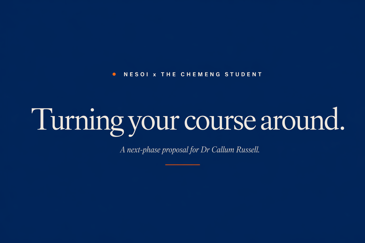 Cover of the editorial proposal deck: navy and cream house style, one serif voice across all frames.