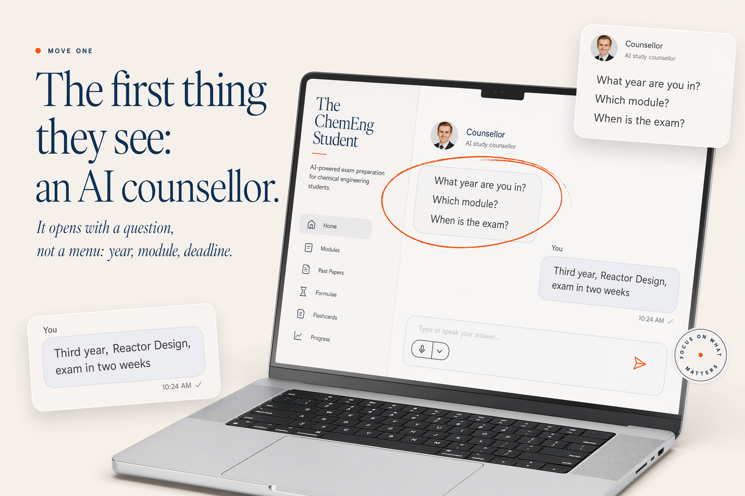 Move one: the first thing a visitor sees is an AI counsellor. The landing page opens with a question on screen, not a menu.