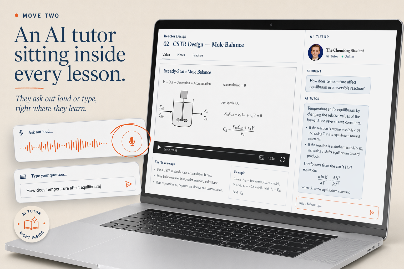 Move two: an AI tutor sitting inside every lesson. Students ask out loud or type, right beside the video.