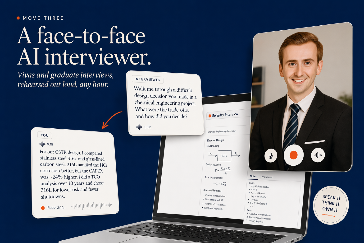 A face-to-face AI interviewer for graduate interviews and vivas: spoken rehearsal any hour, grounded in the course content.