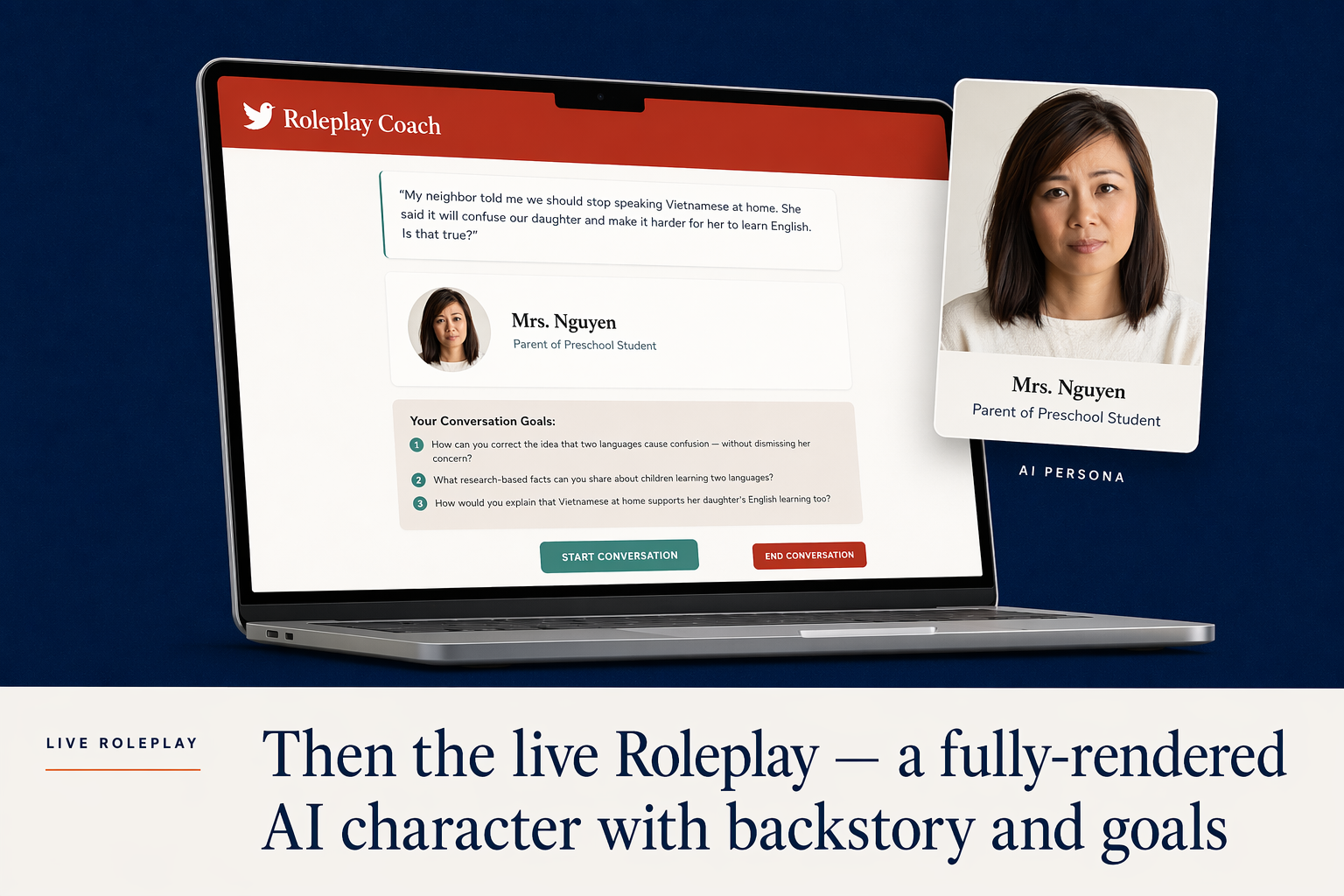 A Roleplay Coach avatar introduces the persona and the goal of the session.