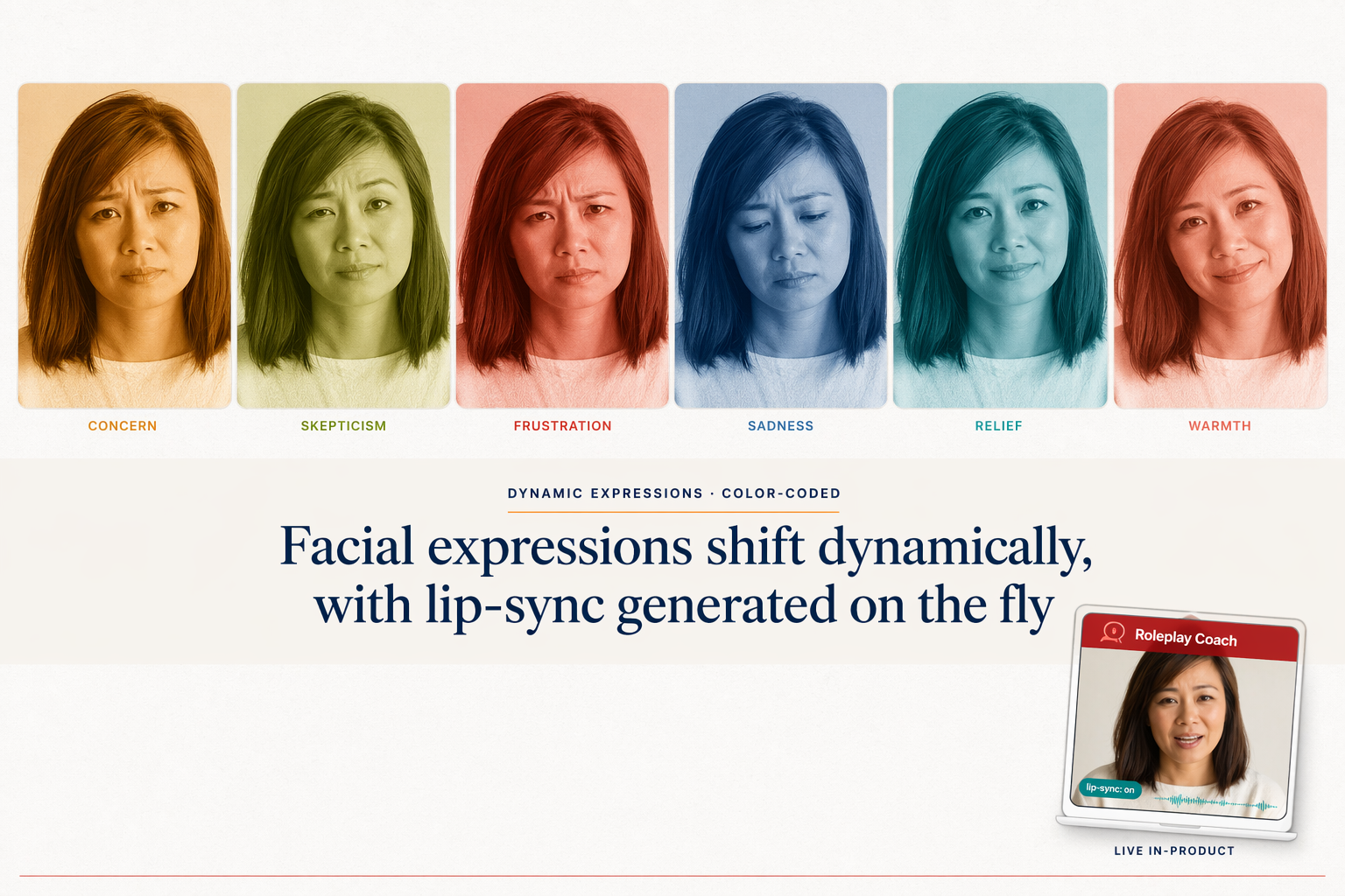 Facial expressions shift dynamically, with lip-sync generated on the fly.